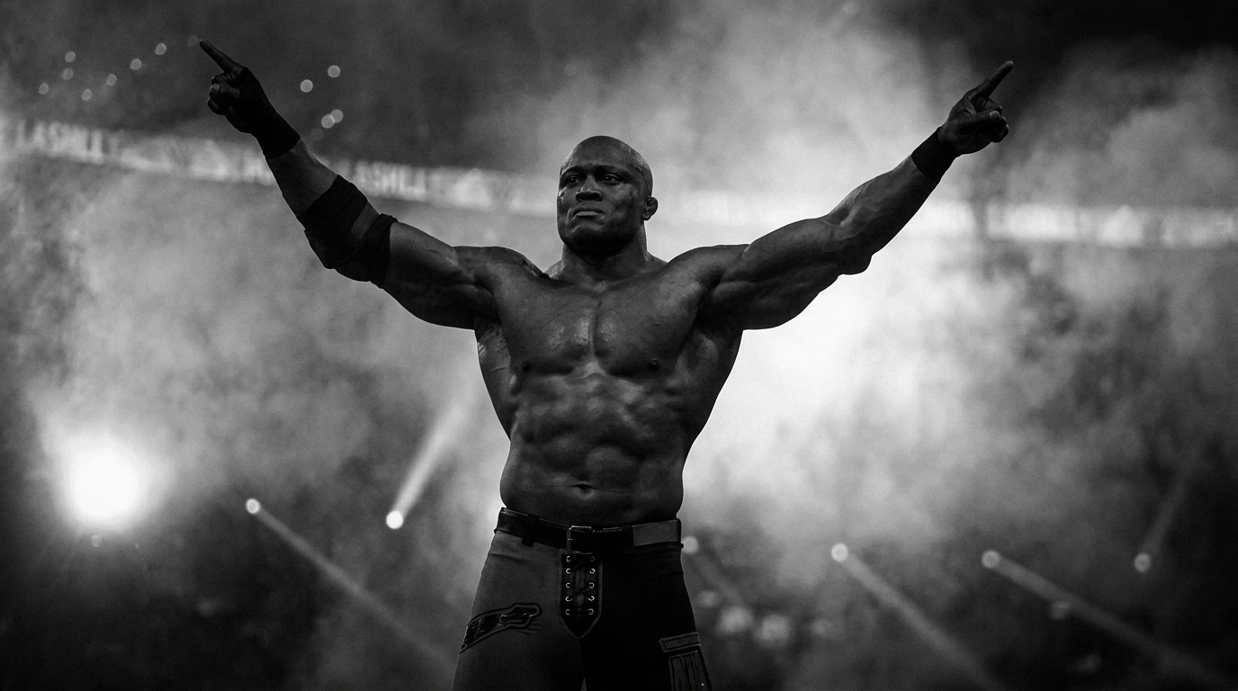 Stylized black-and-white artwork of Bobby Lashley with arms raised in arena smoke