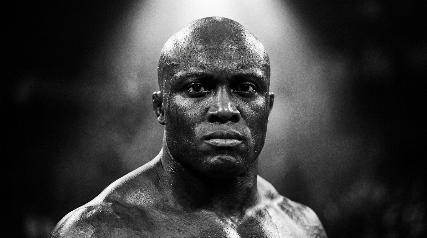 Stylized black-and-white portrait of Bobby Lashley under arena lights